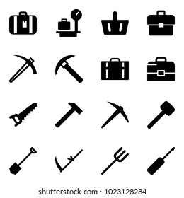 Solid vector icon set - suitcase vector, baggage scales, basket, portfolio, job, rock axe, case, saw, hammer, rubber, shovel, scythe, farm fork, awl