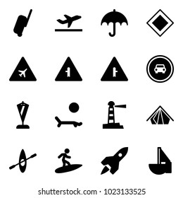 Solid vector icon set - suitcase vector, departure, insurance, main road sign, airport, intersection, no car, pennant, lounger, lighthouse, tent, kayak, surfing, rocket, sailboat toy