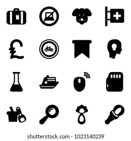Solid vector icon set - suitcase vector, no computer sign, dog, first aid room, pound, bike road, flag, head bulb, flask, cruiser, mouse wireless, micro flash card, shovel bucket, beanbag