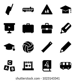 Solid vector icon set - suitcase vector, airport bus, children road sign, graduate hat, presentation board, case, portfolio, highlight marker, volleyball, ruler, pencil, abc cube, abacus, book, toy