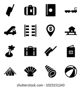 Solid vector icon set - suitcase vector, passport, baggage truck, trap, plane seats, dollar pin, bungalow, palm, tent, shell, beach ball