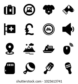 Solid vector icon set - suitcase vector, no computer sign, dog, first aid room, pound, bike road, low volume, map pin, mountains, cruiser, mouse wireless, micro flash card, beanbag
