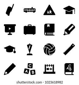Solid vector icon set - suitcase vector, airport bus, children road sign, graduate hat, presentation board, case, book, highlight marker, pennant, volleyball, ruler, pencil, abc cube, abacus