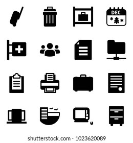 Solid vector icon set - suitcase vector, trash bin, baggage room, christmas calendar, first aid, group, document, network folder, clipboard, printer, case, agreement, doors, hotel, monoblock pc