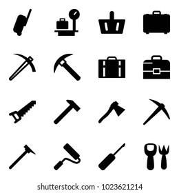 Solid vector icon set - suitcase vector, baggage scales, basket, case, job, rock axe, saw, hammer, mason, paint roller, awl, shovel fork toy
