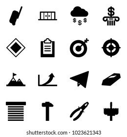 Solid vector icon set - suitcase vector, automatic doors, money rain, bank, main road sign, clipboard, target, attainment, growth arrow, paper fly, gold, jalousie, hammer, pliers, crown drill