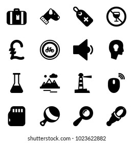 Solid vector icon set - suitcase vector, dog, medical label, no alcohol sign, pound, bike road, low volume, head bulb, flask, mountains, lighthouse, mouse wireless, micro flash card, beanbag