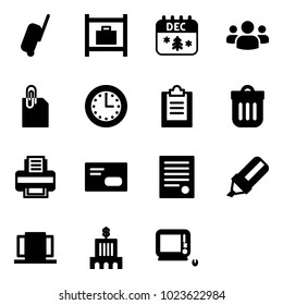 Solid vector icon set - suitcase vector, baggage room, christmas calendar, group, attachment, time, clipboard, trash bin, printer, envelope, agreement, highlight marker, doors, bank building