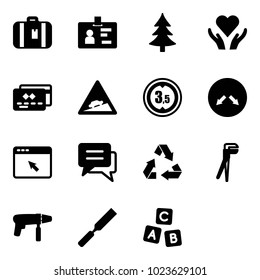 Solid vector icon set - suitcase vector, identity, christmas tree, heart care, credit card, climb road sign, limited height, detour, cursor browser, chat, recycling, plumber, drill machine, rasp
