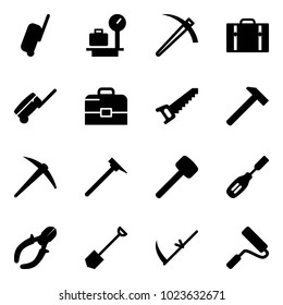 Solid vector icon set - suitcase vector, baggage scales, job, case, saw, hammer, axe, mason, rubber, chisel, side cutters, shovel, scythe, paint roller