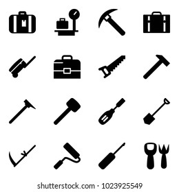 Solid vector icon set - suitcase vector, baggage scales, rock axe, case, saw, hammer, mason, rubber, chisel, shovel, scythe, paint roller, awl, fork toy