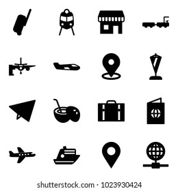 Solid vector icon set - suitcase vector, train, duty free, baggage truck, boarding passengers, small plane, map pin, pennant, paper fly, coconut cocktail, passport, cruiser, navigation, globe