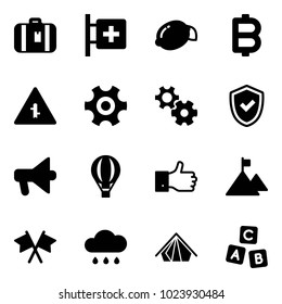 Solid vector icon set - suitcase vector, first aid room, lemon, bitcoin, intersection road sign, gear, shield check, loudspeaker, air balloon, finger up, mountain, flags cross, rain cloud, tent
