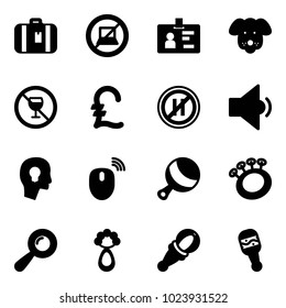 Solid vector icon set - suitcase vector, no computer sign, identity, dog, alcohol, pound, parking even road, low volume, head bulb, mouse wireless, beanbag