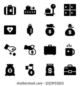 Solid vector icon set - suitcase vector, baggage, scales, room, first aid kit, drop counter, money bag, investment, encashment, case, green tea, rich