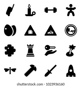 Solid vector icon set - suitcase vector, candle, barbell, gymnastics, eggs, tunnel road sign, car crash, no trailer, puzzle, chess tower, key hand, palm, dragonfly, screw, clinch, rocket