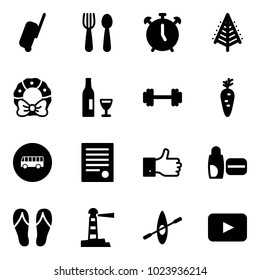 Solid vector icon set - suitcase vector, spoon and fork, alarm clock, christmas tree, wreath, wine, barbell, carrot, bus road sign, agreement, finger up, uv cream, flip flops, lighthouse, kayak