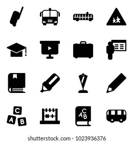 Solid vector icon set - suitcase vector, airport bus, children road sign, graduate hat, presentation board, case, book, highlight marker, pennant, pencil, abc cube, abacus, toy