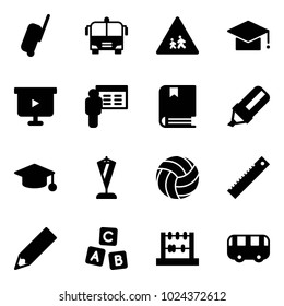 Solid vector icon set - suitcase vector, airport bus, children road sign, graduate hat, presentation board, book, highlight marker, pennant, volleyball, ruler, pencil, abc cube, abacus, toy