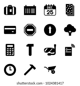 Solid vector icon set - suitcase vector, schedule, 25 dec calendar, breads, credit card, no way road sign, only forward, upload cloud, calculator, work, diving, server wireless, clock, hammer