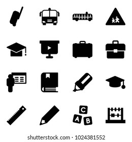 Solid vector icon set - suitcase vector, airport bus, children road sign, graduate hat, presentation board, case, portfolio, book, highlight marker, ruler, pencil, abc cube, abacus