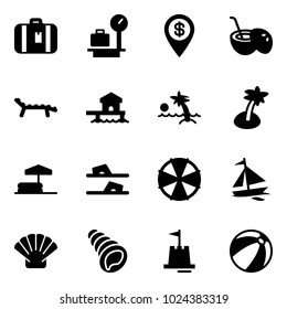 Solid vector icon set - suitcase vector, baggage scales, dollar pin, coconut cocktail, lounger, bungalow, palm, inflatable pool, flip flops, parasol, sail boat, shell, sand castle, beach ball