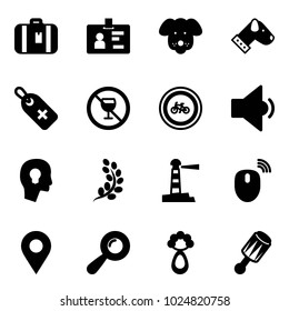 Solid vector icon set - suitcase vector, identity, dog, medical label, no alcohol sign, bike road, low volume, head bulb, golden branch, lighthouse, mouse wireless, navigation pin, beanbag