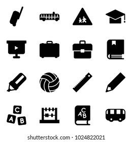 Solid vector icon set - suitcase vector, airport bus, children road sign, graduate hat, presentation board, case, portfolio, book, highlight marker, volleyball, ruler, pencil, abc cube, abacus, toy