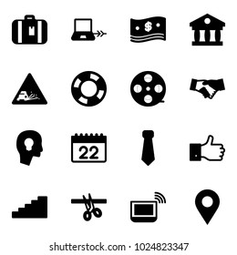 Solid vector icon set - suitcase vector, notebook connect, cash, bank, gravel road sign, lifebuoy, film coil, agreement, head bulb, calendar, tie, finger up, stairs, opening, wi fi, navigation pin
