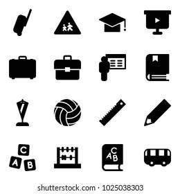 Solid vector icon set - suitcase vector, children road sign, graduate hat, presentation board, case, portfolio, book, pennant, volleyball, ruler, pencil, abc cube, abacus, toy bus