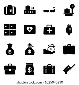 Solid vector icon set - suitcase vector, baggage, truck, scales, room, first aid kit, doctor bag, drop counter, money, investment, case, portfolio
