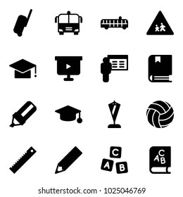 Solid vector icon set - suitcase vector, airport bus, children road sign, graduate hat, presentation board, book, highlight marker, pennant, volleyball, ruler, pencil, abc cube