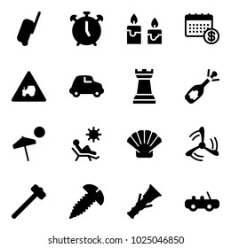 Solid vector icon set - suitcase vector, alarm clock, candle, calendar, tractor way road sign, car, chess tower, fizz opening, beach, shell, wind mill, sledgehammer, screw, dowel, toy
