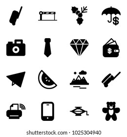 Solid vector icon set - suitcase vector, barrier, holly, insurance, camera, tie, diamond, finance management, paper fly, watermelone, mountains, printer wireless, mobile phone, jack, bear toy