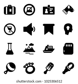 Solid vector icon set - suitcase vector, no computer sign, identity, dog, alcohol, low volume, flag, head bulb, flask, mountains, cruiser, micro flash card, beanbag
