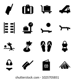Solid vector icon set - suitcase vector, baggage, trap truck, plane seats, scales, lounger, palm, flip flops, swimsuit, passport, tent