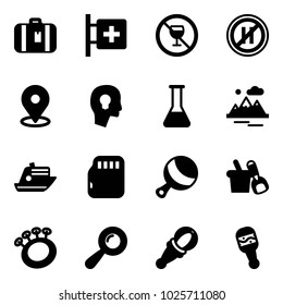 Solid vector icon set - suitcase vector, first aid room, no alcohol sign, parking even road, map pin, head bulb, flask, mountains, cruiser, micro flash card, beanbag, shovel bucket