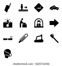 Solid vector icon set - suitcase vector, travolator, smoking area sign, safety car, terrorism, baby room, officer window, right arrow, baggage truck, thermometer, treadmill, tooth brush