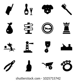 Solid vector icon set - suitcase vector, wine, dog, tooth brush, pear, road signpost sign, no cart horse, chess tower, palm, lighthouse, piston, jointer, pliers, wheelbarrow, beanbag