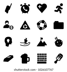 Solid vector icon set - suitcase vector, phone alarm, heart, run, account, round motion road sign, friends, folder, head bulb, hand sproute, mountain, moon flag, gold, beer, binary code, beanbag