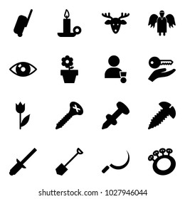 Solid vector icon set - suitcase vector, candle, christmas deer, angel, eye, flower pot, winner, key hand, tulip, screw, nail dowel, clinch, shovel, sickle, beanbag