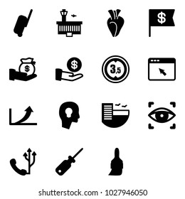 Solid vector icon set - suitcase vector, airport building, heart, dollar flag, investment, limited height road sign, cursor browser, growth arrow, head bulb, hotel, eye scanner, phone, screwdriver