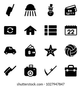 Solid vector icon set - suitcase vector, shower, snowman, credit card, exchange, home, menu, calendar, car, finance management, starfish, volleyball, camera, scythe, tool box
