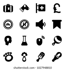 Solid vector icon set - suitcase vector, dog, first aid room, pound, no bike road sign, parking even, low volume, flag, head bulb, flask, mouse wireless, beanbag