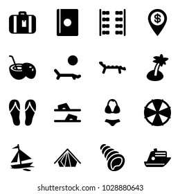 Solid vector icon set - suitcase vector, passport, plane seats, dollar pin, coconut cocktail, lounger, palm, flip flops, swimsuit, parasol, sail boat, tent, shell, cruiser