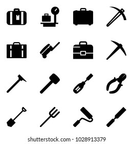 Solid vector icon set - suitcase vector, baggage scales, case, job, axe, mason hammer, rubber, chisel, side cutters, shovel, farm fork, paint roller, rasp