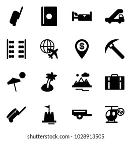 Solid vector icon set - suitcase vector, passport, hotel, trap truck, plane seats, globe, dollar pin, rock axe, beach, palm, mountains, sand castle, trailer, helicopter toy