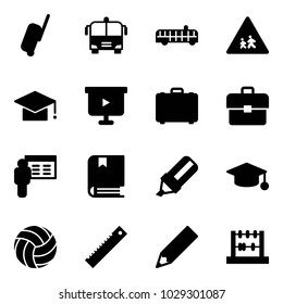 Solid vector icon set - suitcase vector, airport bus, children road sign, graduate hat, presentation board, case, portfolio, book, highlight marker, volleyball, ruler, pencil, abacus