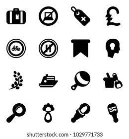 Solid vector icon set - suitcase vector, no computer sign, medical label, pound, bike road, parking even, flag, head bulb, golden branch, cruiser, beanbag, shovel bucket