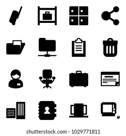 Solid vector icon set - suitcase vector, baggage room, share, folder, network, clipboard, trash bin, manager, office chair, case, schedule, building, contact book, doors, monoblock pc